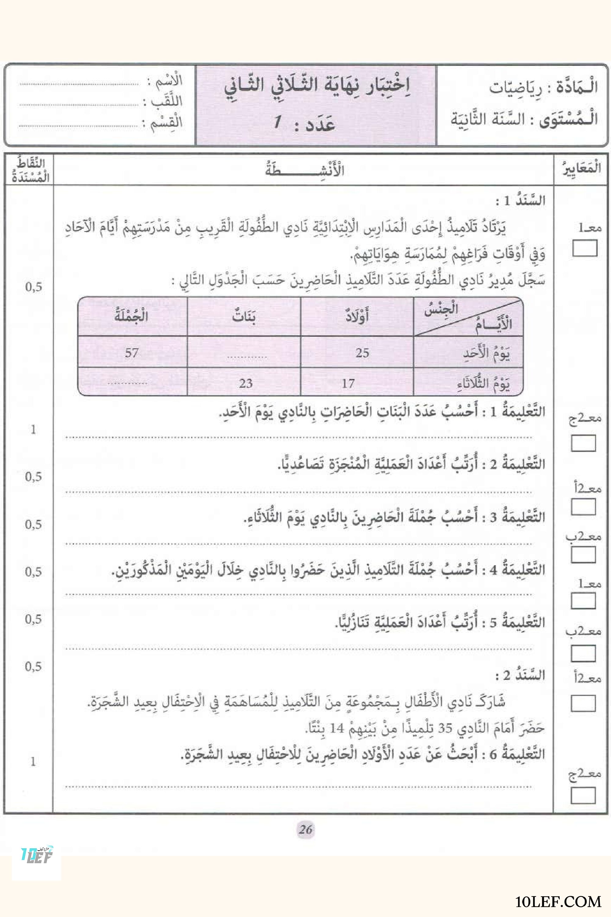 تقييم رياضيات سنة ثانية الثلاثي الثاني 