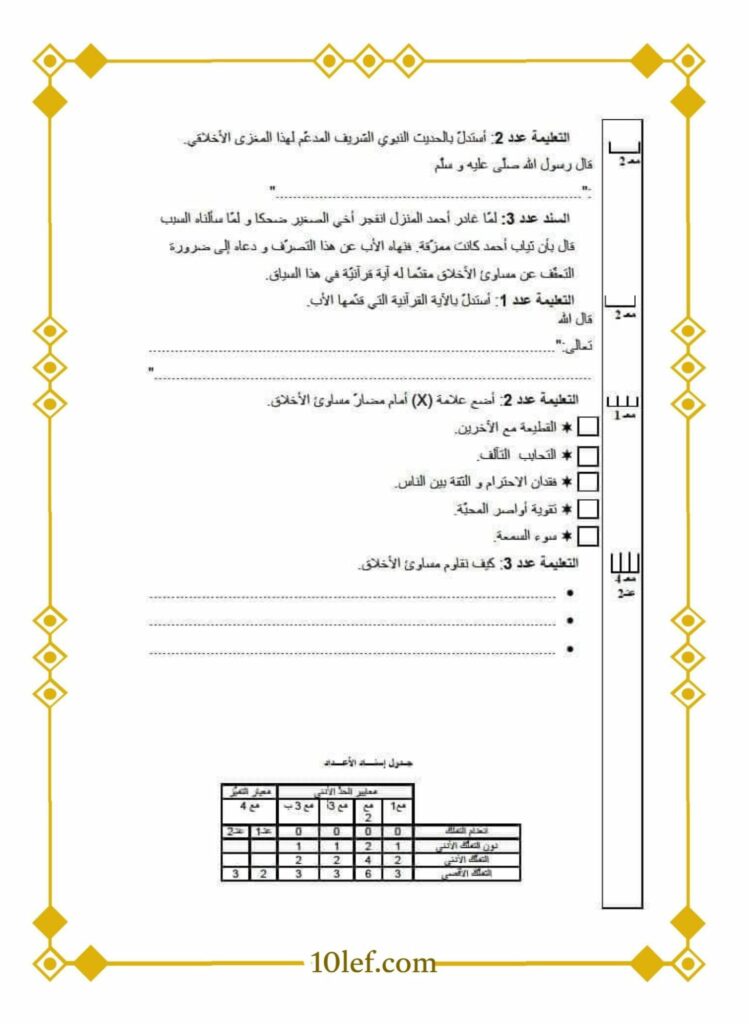 تقييم تربية اسلامية سنة سادسة