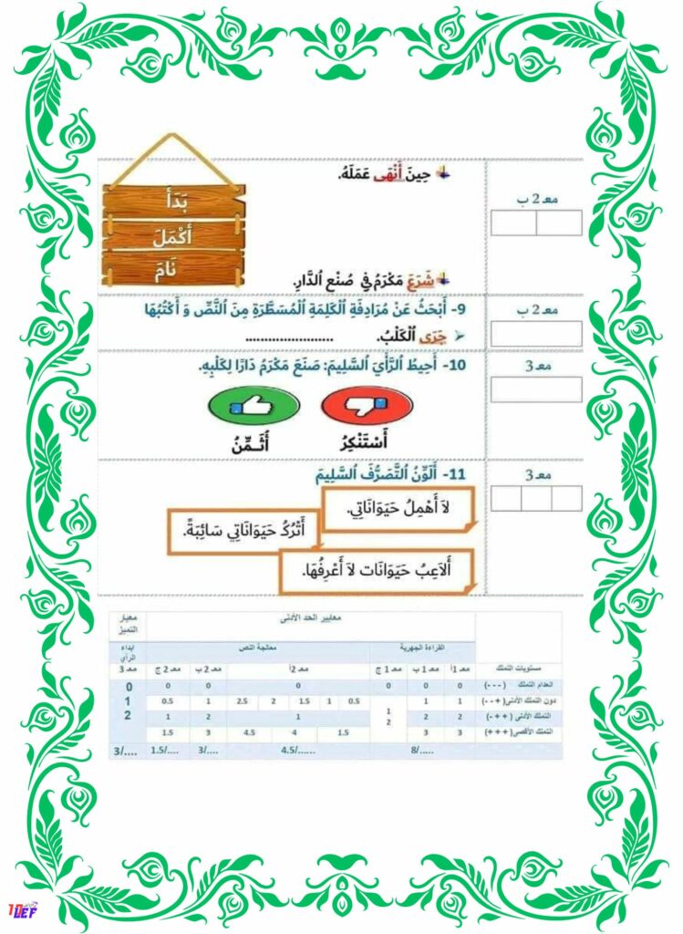 تقييم قراءة سنة أولى الثلاثي الأول