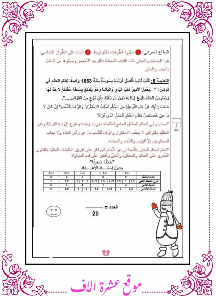 امتحان تاريخ سنة سادسة الثلاثي الأول مع الإصلاح