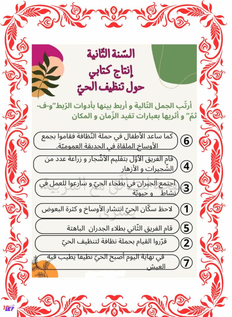 انتاج كتابي حول تنظيف حديقة الحي